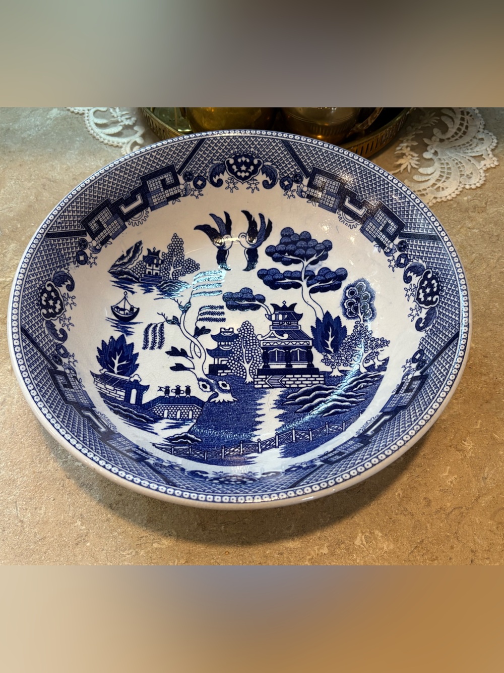 Large Vintage Blue & White Chinoiserie Serving Bowl 11” Blue Willow Style